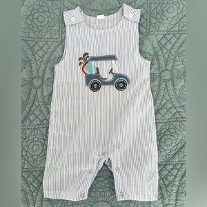 Blue Seersucker Baby Romper with Golf Cart Applique 6-12 Months